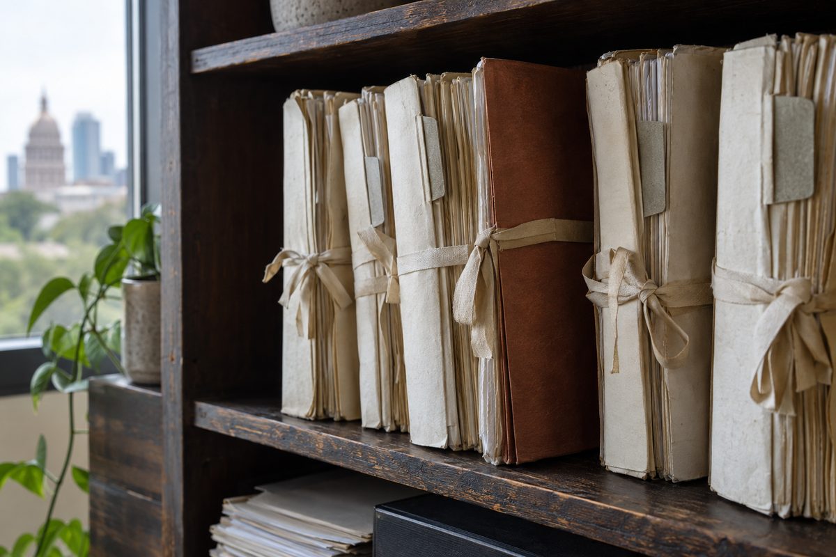 Closed paper matter files with plain tabs on a timber shelf