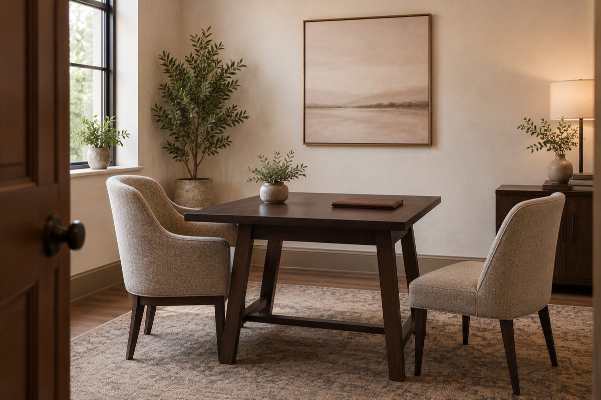 Illustrative consultation room with two chairs beside a small meeting table